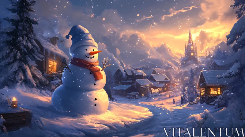 Snowman smiles over a glowing winter village at sunset