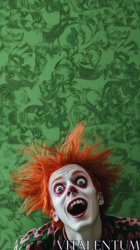 Wild orange-haired jester beams against swirling green wall