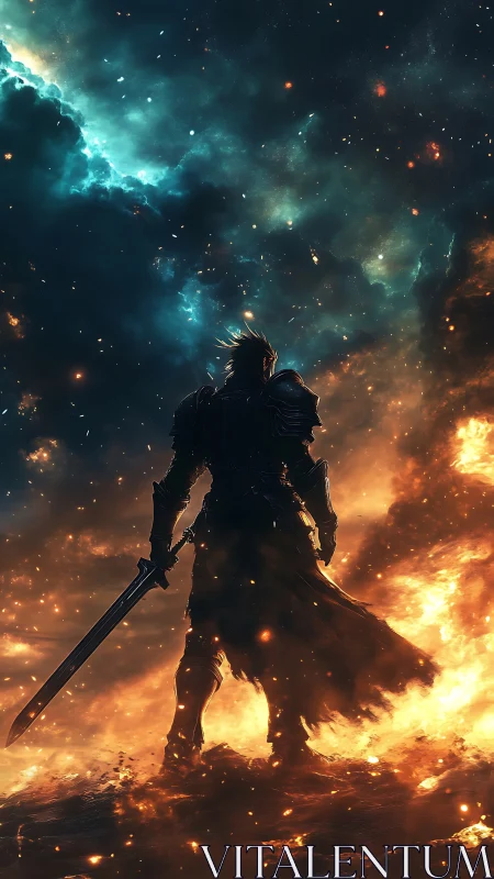 Star-forged warrior stalks the burning edge of a newborn sky