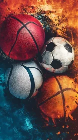 Multisport ball cluster in dynamic bicolor splash field.