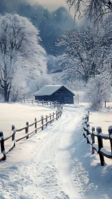 Snow-dusted fences curl toward a quietly dreaming winter cabin