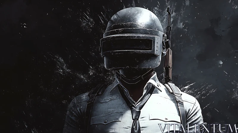 Helmeted battle operative posed in dark gritty portrait.