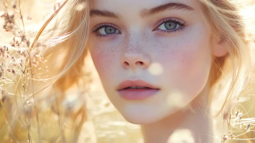 Sunlit freckled portrait glows softly in golden meadow.