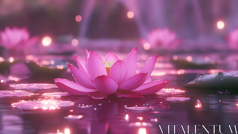 Moonlit lotus drifts through pink-tinted twilight waters.