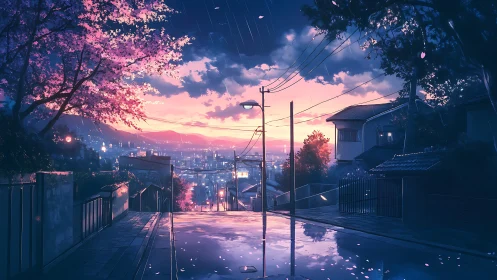 Twilight rain paints a quiet hillside street in soft colors
