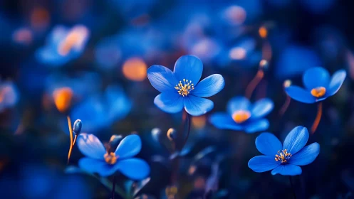 Blue wildflower closeup with dreamy bokeh glow background.