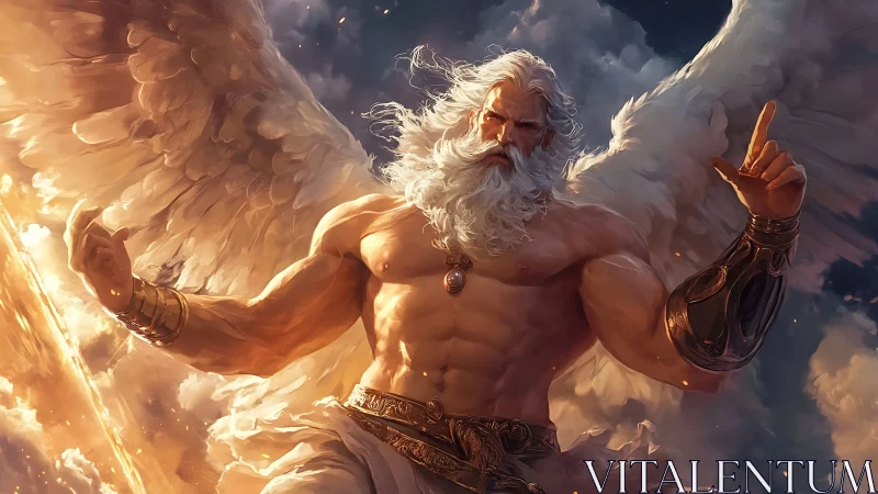 Mythic winged deity rendered with hyper-detailed musculature and light