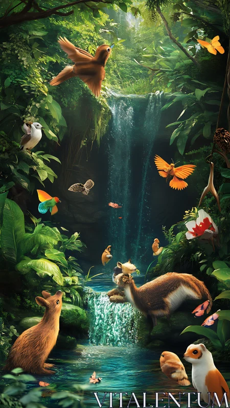 Gentle forest waterfall where curious woodland friends gather.