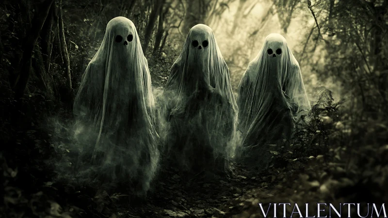 Ghostly trio wander a mist-filled forest path at dusk.