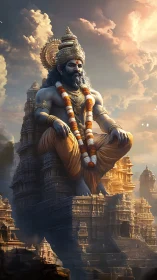 Colossal temple guardian lounges between sunrise and storm