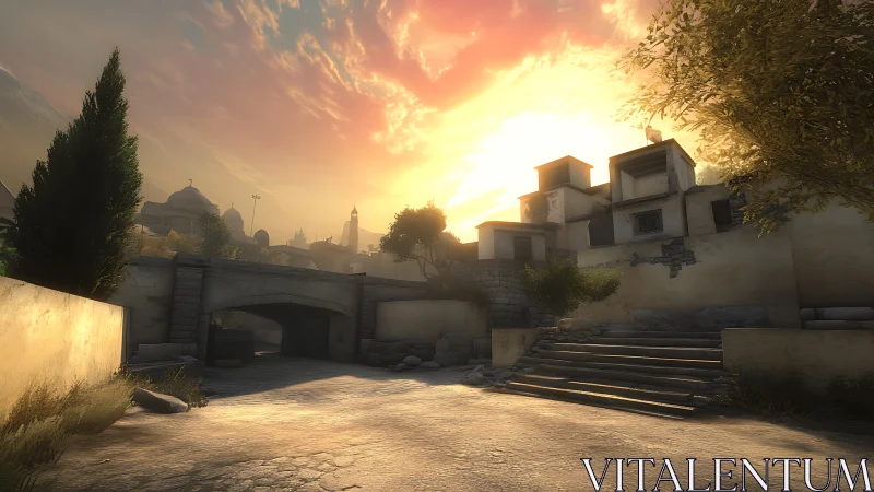 Mediterranean-style stone alley under dramatic volumetric sunset