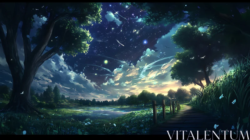 Starlit riverbank listens quietly as comets write dusk songs