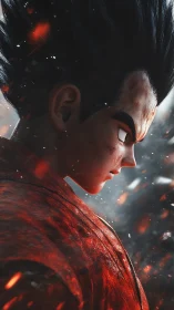 Fierce anime warrior pausing in a storm of drifting embers.