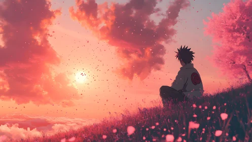 Solitary anime figure under rose-gold sunset skyscape.