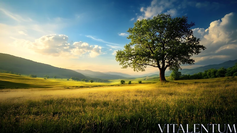 Solitary oak dominates sunlit valley under dramatic sky