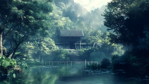 Serene lakeside temple hidden in dense green forest.