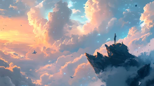 Solitary figure observing luminous sunset cloudscape horizon.