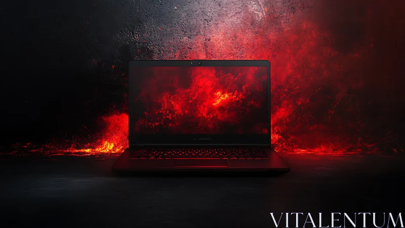 Gaming laptop glows against dark inferno backdrop. Period.