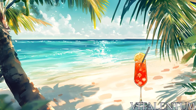 Tropical Beach Scene with Cocktail and Palm Trees