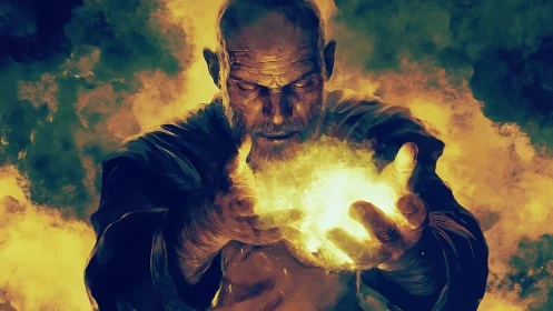 Fire-wielding mage conjures blazing energy sphere.