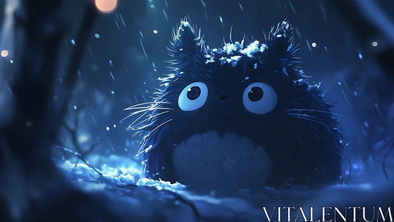 Snow-dusted forest puffball staring into the midnight hush.