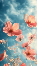 Soft Pink Cosmos Flowers Against Azure Sky.