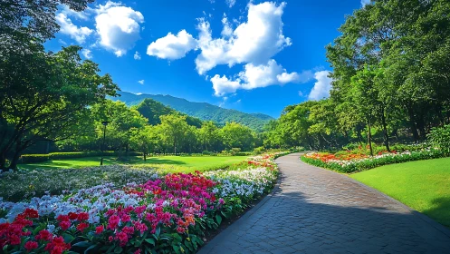 Sunlit botanical garden path with flower borders and hills