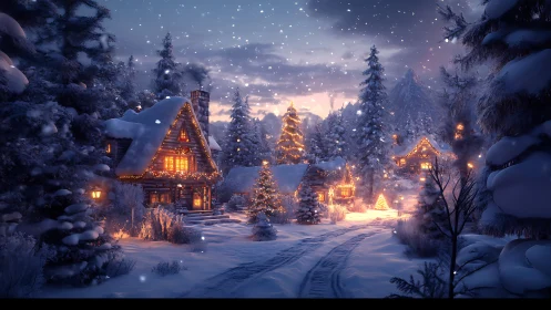 Snowy cabin village glows with warm festive Christmas lights.