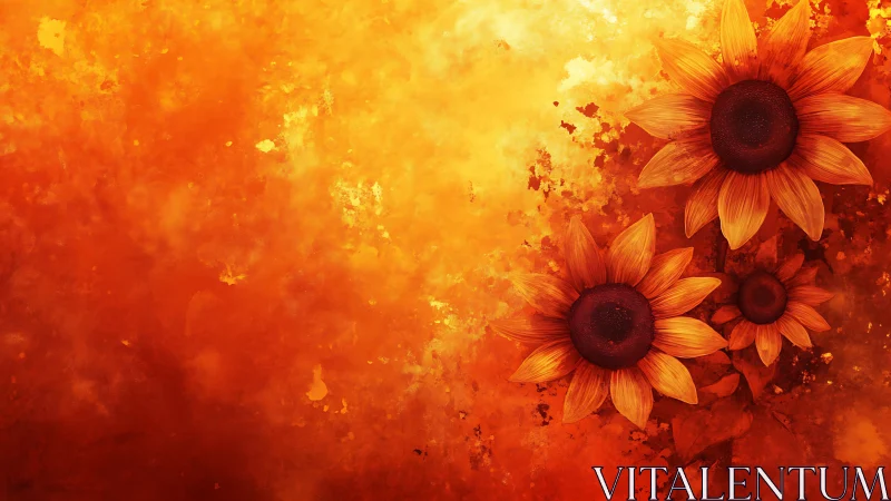 Sunflower trio on textured orange abstract background.