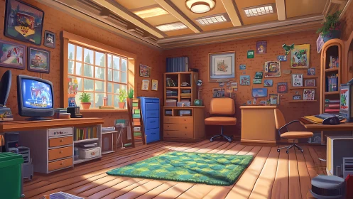 Sunny retro home office with gaming and art decor.