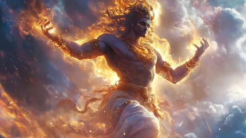 Radiant sky deity dancing through clouds and living flame.
