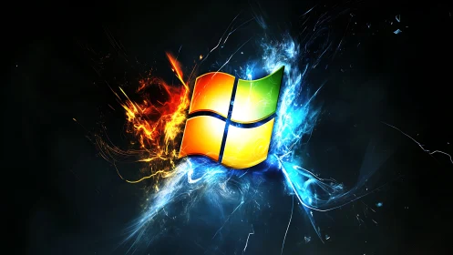 Neon window emblem ignites in electric fire and crystal frost.