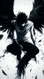 Dark-winged fallen figure rendered in stark monochrome ink style