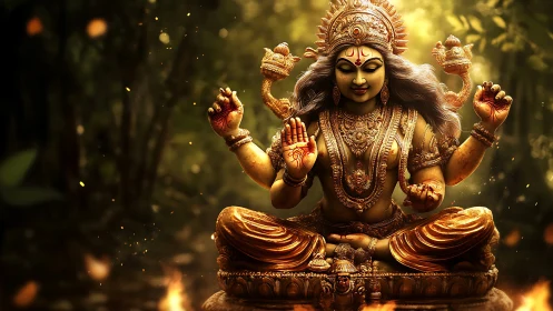 Golden forest goddess idol under radiant divine light.