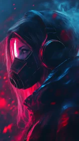 Neon masked figure stands vigilant in a cyberpunk haze