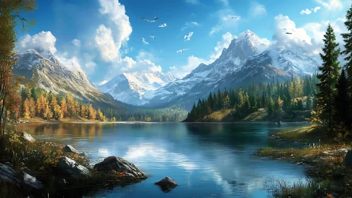 High-altitude alpine lake with snow-capped peaks and autumn forest