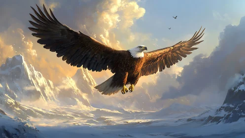 Majestic Bald Eagle Soaring Over Snowy Mountains at Sunrise.