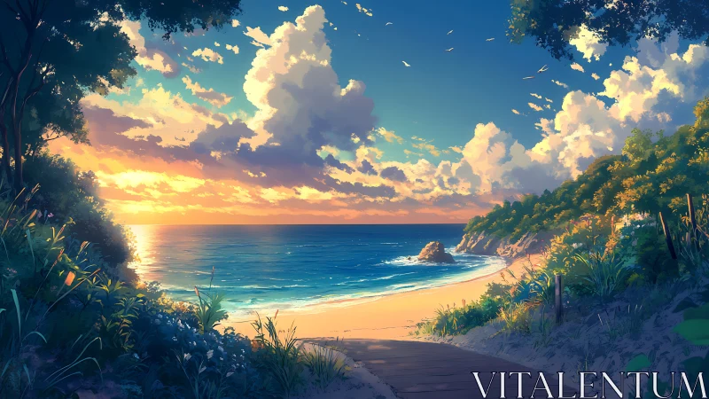 Sunlit coastal pathway overlooking serene sunset shoreline