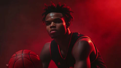 Basketball player portrait under dramatic red studio light.