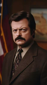 Stern suited official in richly lit formal portrait.