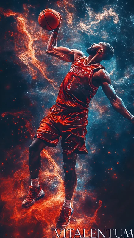 Soaring basketball dunk framed by fiery cosmic energy field.