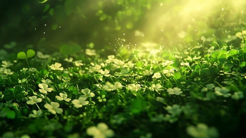 Sunlit clover ground cover glows under soft green backlight