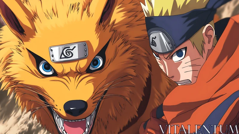 Anime ninja and fox entity in close frontal composition.