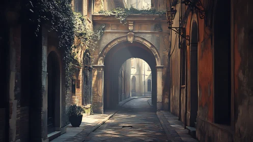 Sunlit old European alley curves beyond stone arch