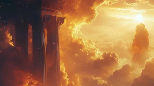 Sunlit clouds framing ancient columns in warm haze.