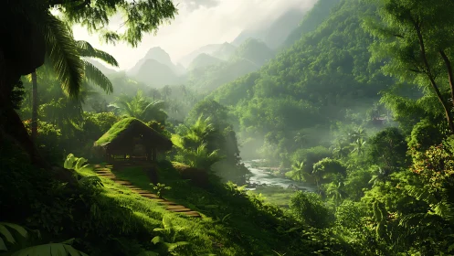 Sunlit jungle hideaway nestles beside a winding river valley
