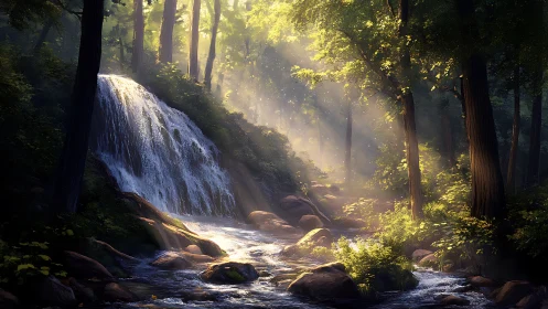 Cascading Waterfall Through Ancient Forest Canopy.