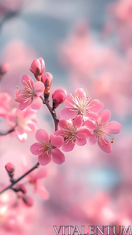 Pink peach blossoms bloom on branch with selective focus depth
