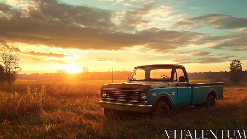 Old blue pickup truck parked in rural field at sunset.