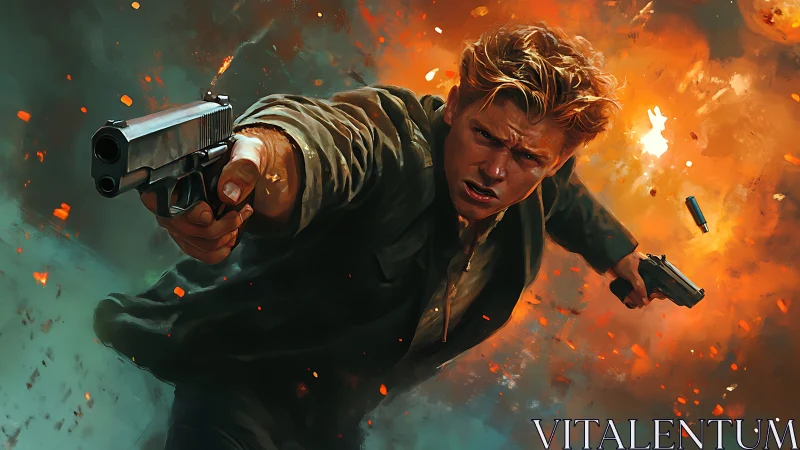 Action scene of armed man leaping through explosion.